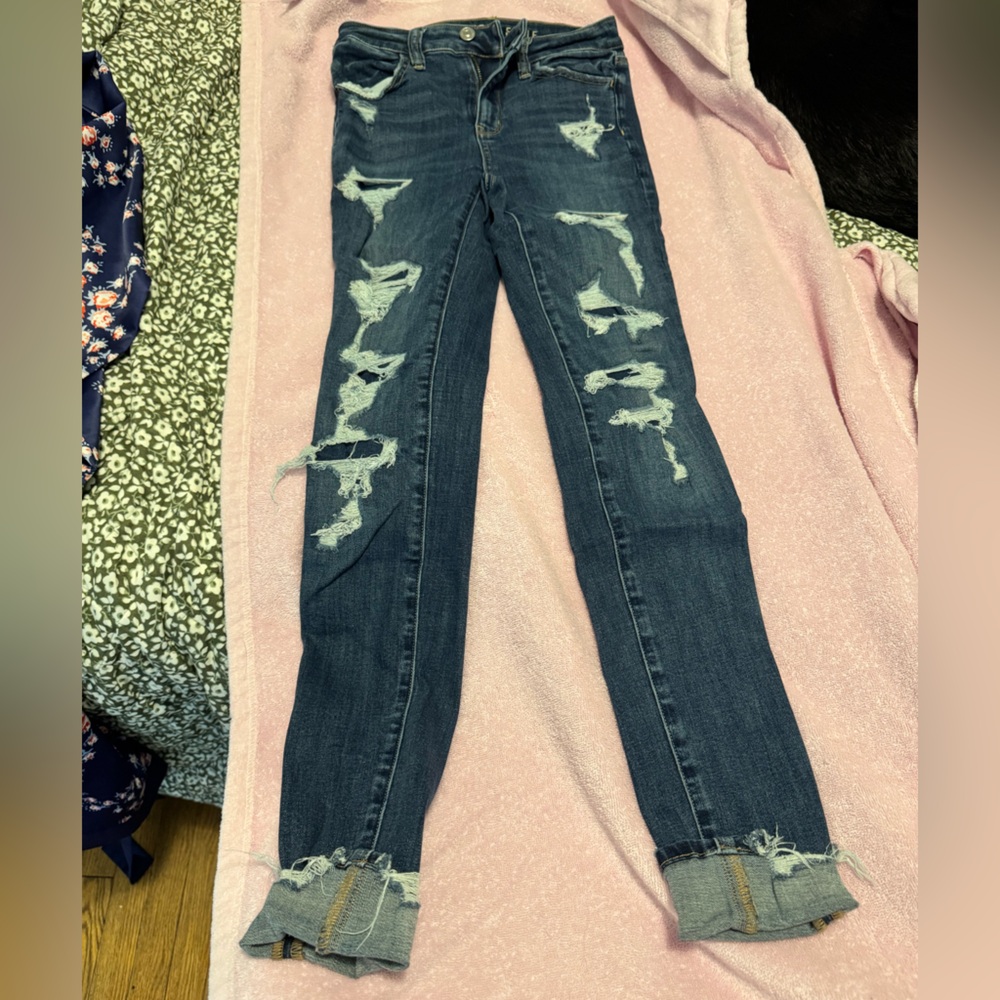 American Eagle Outfitters Dark Blue Distressed Skinny Jeans